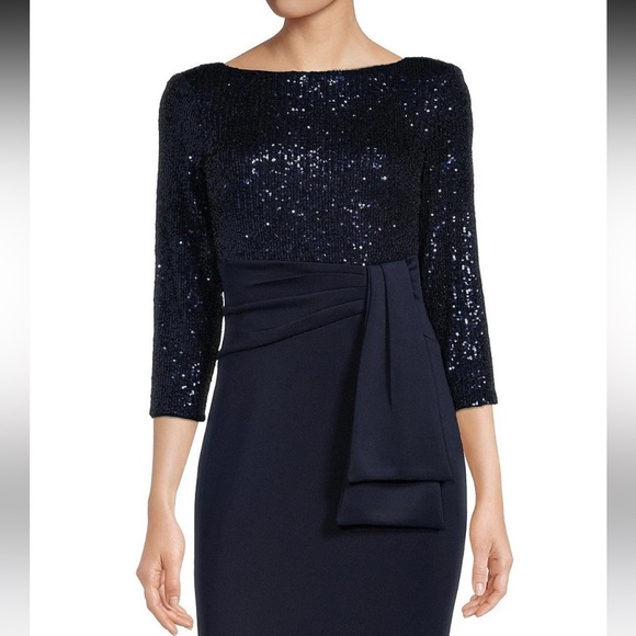 Eliza J 3/4 Sleeve Boat Neck Sequin Side Ruffle V-Back A-Line Gown - Picture 5 of 6